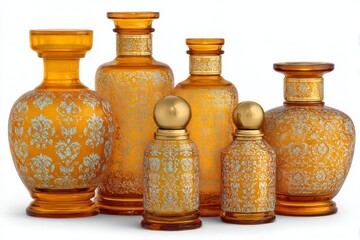 Aufkleber - Colorful vintage glass vases with intricate designs arranged creatively on a neutral background