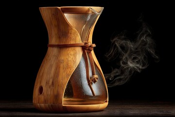 Poster - Elegant bamboo tea pot steaming with hot water in a dimly lit setting