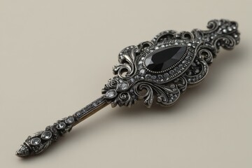 Aufkleber - Intricate silver hairpin with black gemstone and decorative filigree designs on a neutral background