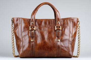 Poster - Stylish brown leather handbag with chain strap displayed on neutral background