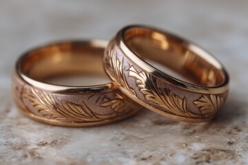 Aufkleber - Elegant gold wedding bands with intricate leaf designs resting on a marble surface