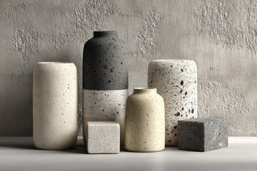Poster - Collection of modern vases arranged stylishly on a wooden surface with textured background in neutral tones