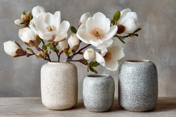 Poster - Elegant floral arrangement in textured vases showcasing lush white magnolia blooms