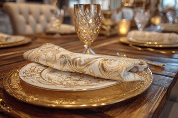 Aufkleber - Elegant table setting with golden accents and intricate tableware for a special occasion or dinner party in a cozy setting