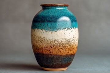 Aufkleber - Colorful ceramic vase showcasing a layered design with turquoise, white, and brown hues on a neutral background