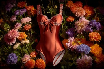 Aufkleber - Elegant swimsuit surrounded by vibrant flowers in a colorful display during a summer setting