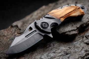 Poster - High-quality folding knife with unique wood handle displayed on a rocky surface in natural light