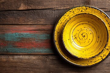 Aufkleber - Handcrafted yellow pottery bowls on rustic wooden table with colorful accents