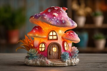 Poster - Colorful mushroom house decoration with warm lighting creates a whimsical atmosphere at home