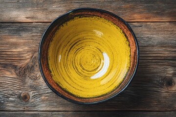 Poster - Bright yellow ceramic bowl resting on rustic wooden table showcasing unique patterns and textures