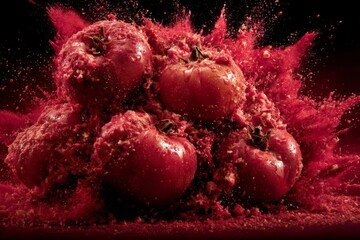 Poster - Ripe red tomatoes burst open in a vibrant display of color and texture at a culinary event on a dark background