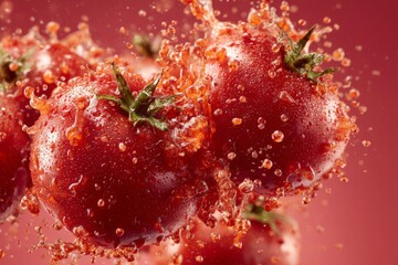 Poster - Fresh red tomatoes splashing against a vibrant background in a dynamic, colorful display of freshness