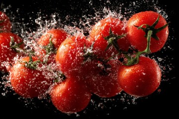 Poster - Fresh cherry tomatoes splashing in water creating a vibrant and dynamic scene in a dark setting