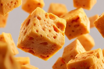Aufkleber - Falling cubes of orange cheese with varied textures hovering in mid-air against a neutral background