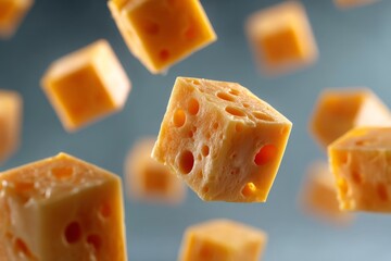 Poster - Floating cubed cheese blocks scattered in mid-air against a smooth gray background showcasing vivid colors and unique textures