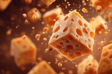 Poster - Floating cheese cubes creating an appetizing visual display with a warm background during a creative culinary project