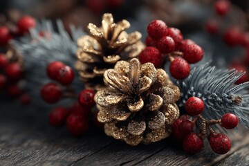Poster - Winter decorations featuring gold pine cones and red berries arranged on rustic wooden background