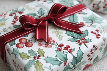 Aufkleber - Beautifully wrapped holiday gift showcasing festive decorations with red ribbon and cheerful botanical patterns during winter season