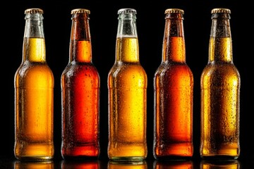 Poster - Five glass bottles of various beers with condensation against a black background showcasing different amber hues