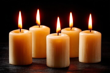 Aufkleber - Orange flames flicker softly on five candles arranged on a dark surface creating a warm atmosphere