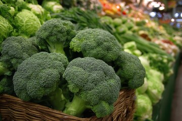 Poster - Fresh broccoli alongside various vegetables in a vibrant market during daylight hours