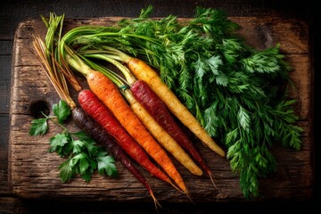 Aufkleber - Colorful carrots arranged on a rustic wooden cutting board with fresh green tops against a dark background