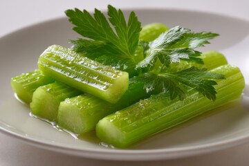Poster - Freshly cut celery sticks garnished with parsley on a white plate ready to serve as a healthy snack or ingredient
