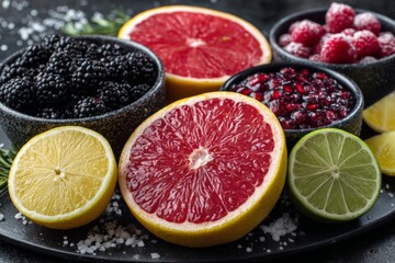 Poster - Vibrant display of fresh fruits including citrus and berries on a dark textured surface with coarse salt