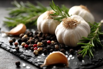 Poster - Fresh garlic and mixed peppercorns arranged on a slate surface with rosemary and sea salt scattered around
