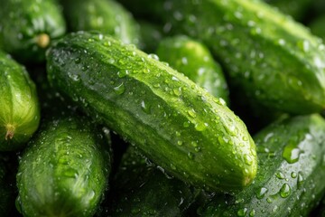 Poster - Freshly harvested cucumbers with water droplets showcasing vibrant green hues in a garden setting