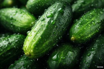 Poster - Fresh cucumbers glistening with water droplets, highlighting their texture and vibrant green color in a natural setting