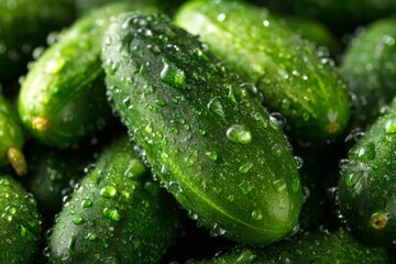 Poster - Fresh cucumbers glistening with water droplets in a vibrant display for market sale in the early morning