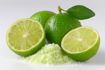 Poster - Fresh limes with slices and zest on a plain background highlighting their juicy texture and vibrant color