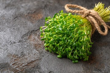 Poster - Freshly harvested microgreens tied with twine on a textured surface for culinary use and presentation