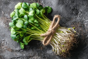 Aufkleber - Freshly harvested microgreens with roots tied together on a rustic surface in natural light
