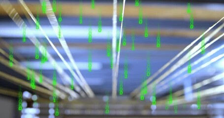 Poster - Tunnel light beams shooting forward causing green binary digits falling for data flow