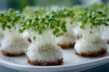 Poster - Unique presentation of edible sprouts arranged artistically on a white platter in a bright kitchen setting