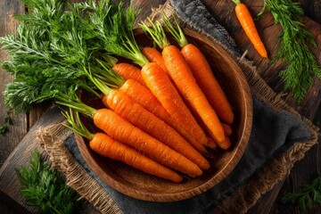Poster - Freshly harvested carrots in a wooden bowl on a rustic table with green topping
