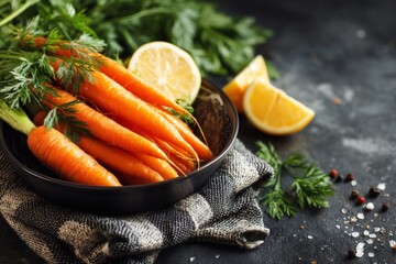 Poster - Fresh carrots and lemon slices arranged on a dark surface with herbs in a bowl