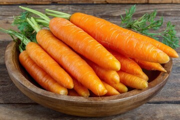 Poster - Freshly harvested carrots in a rustic wooden bowl on a wooden table ready for cooking and healthy eating