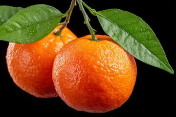 Poster - Juicy oranges hanging on a branch with lush green leaves in a close-up view