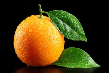 Poster - Fresh orange with water droplets resting on green leaves against a black background