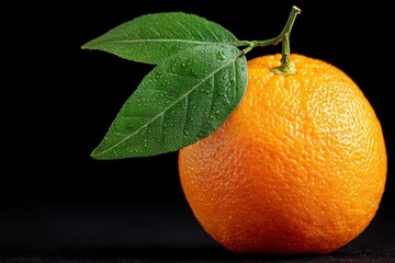 Poster - Fresh orange with leaf showing dewdrops on a dark background in a close-up view