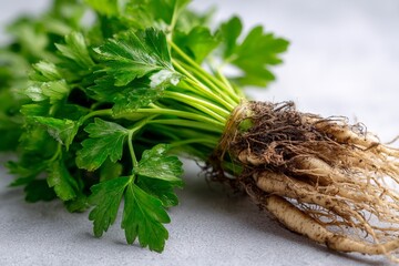 Poster - Fresh parsley with roots showcased on a neutral background in a kitchen setting during a bright day