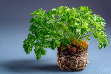 Poster - Fresh parsley plant showcasing vibrant leaves and healthy roots on blue background