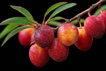 Poster - Fresh cherries hang from a branch with vibrant green leaves in a close-up shot showcasing their natural beauty and juiciness