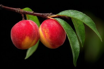 Poster - Ripe peaches hanging on a branch with morning dew in a garden during summer