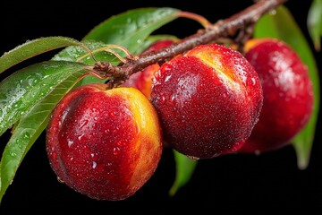 Poster - Freshly harvested nectarines on a branch glistening with water droplets in the early morning light