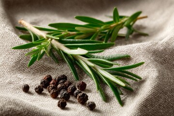 Poster - Fresh rosemary sprigs and black peppercorns arranged on natural fabric background in a kitchen setting