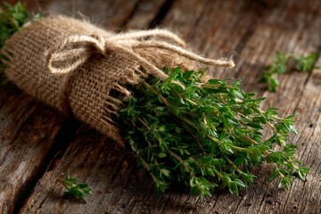 Poster - Freshly harvested thyme bundled with twine on rustic wooden surface in natural light